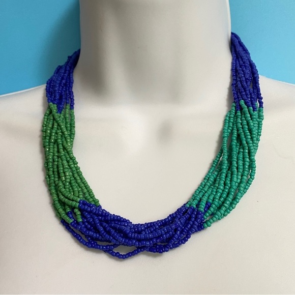Blue & Green Seed Beads Artisan Made Multi-Strand Necklace - Picture 2 of 8